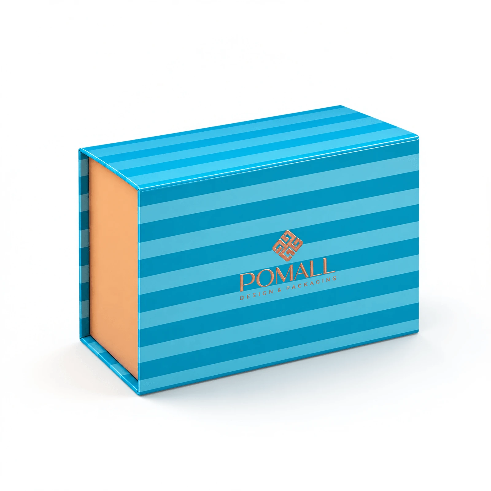 Closed blue striped rigid gift box with gold foil logo Closed blue striped rigid gift box with gold foil logo